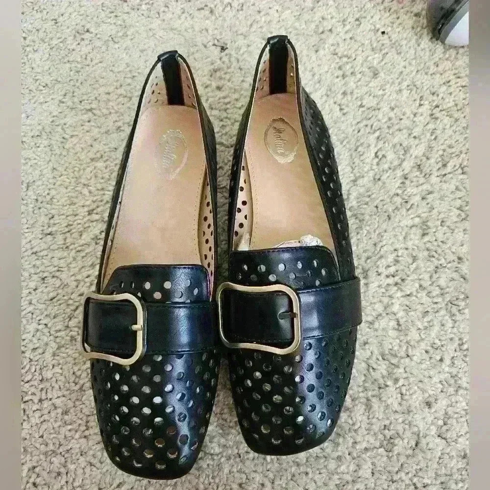 Italina Black Faux leather slip-on flats with brass buckle Size 9
